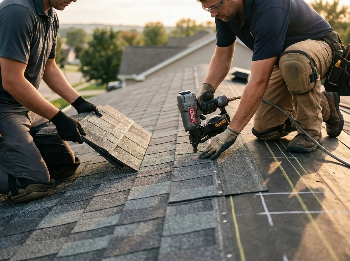 Professional roofer working on a residential roof in Dickson City